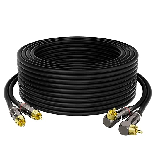RCA Cable 30 FT, 90 Degree Right Angle 2RCA to 2RCA Stereo Audio Cable, Zinc Alloy Shell, Gold-Plated Plug, 2 RCA Audio Cord, for Home Theater, Subwoofer, HDTV, Amplifier, Hi-Fi System, Car, Speaker