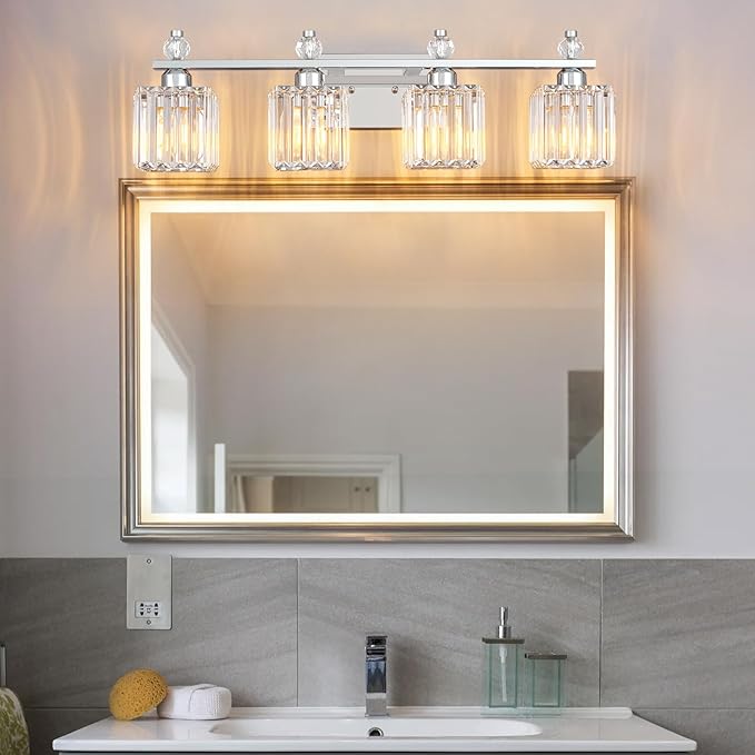 FDPBY Vanity Lights 4-Light Modern Crystal Vanity Light Chrome Bathroom Light Fixtures Over Mirror Crystal Bathroom Vanity Lighting Fixtures