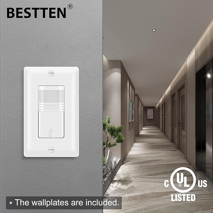 BESTTEN 5 Pack Motion Sensor Light Switch, PIR Vacancy & Occupancy, 800W 1/6 HP, 120/277V, Single Pole, Neutral Wire Required, Wallplate Included, UL Listed, White
