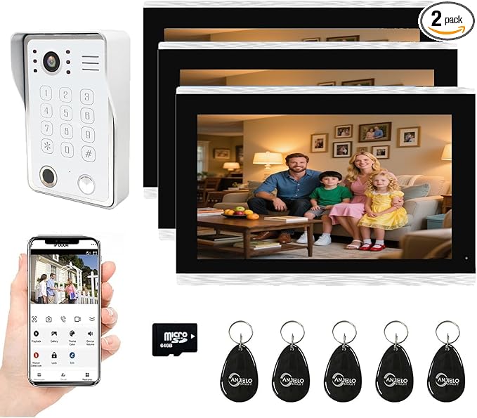 Wired Video Door Phone Kit Apartment Intercom System,10 Inch Touch Screen Monitor(Silver)with 1080P HD Doorbell Camera,Supporting Motion Detecting 5 in 1 Unlcking (1 Doorbell + 3 Monitor)