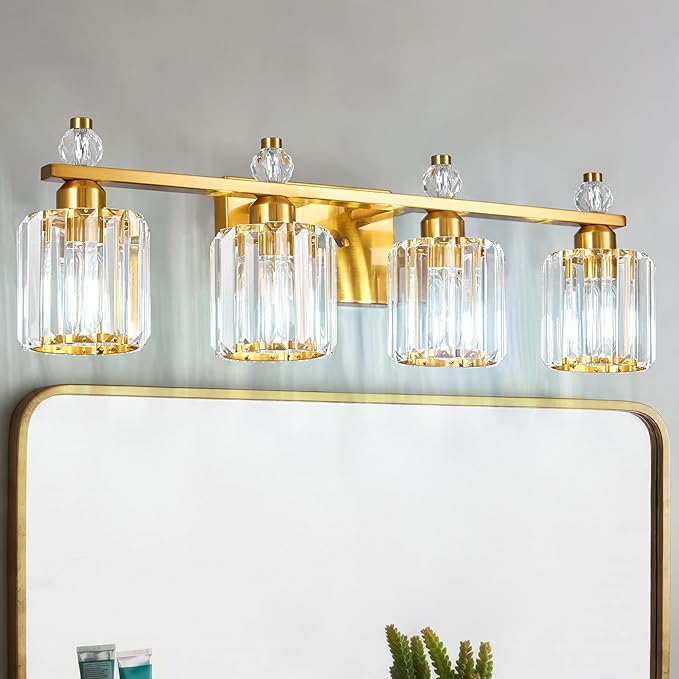 FDPBY Bathroom Vanity Lights 4-Light Gold Modern Crystal Vanity Light Fixtures Over Mirror Crystal Bathroom Vanity Lighting Fixtures