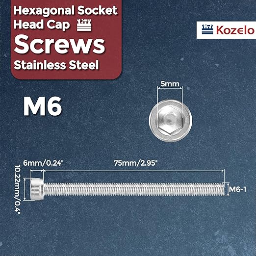 Kozelo 10pcs Socket Head Cap Screws - [M6-1 x 75mm] 304 Stainless Steel Allen Socket Drive for Electrical Motor 3D Printing Fan Engine Replacement Use, Silver