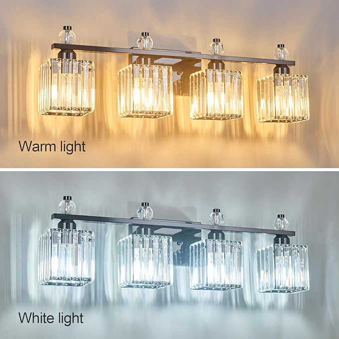 FDPBY Vanity Lights 4-Light Modern Crystal Vanity Light Plating Black Bathroom Light Fixtures Over Mirror Crystal Bathroom Vanity Lighting Fixtures