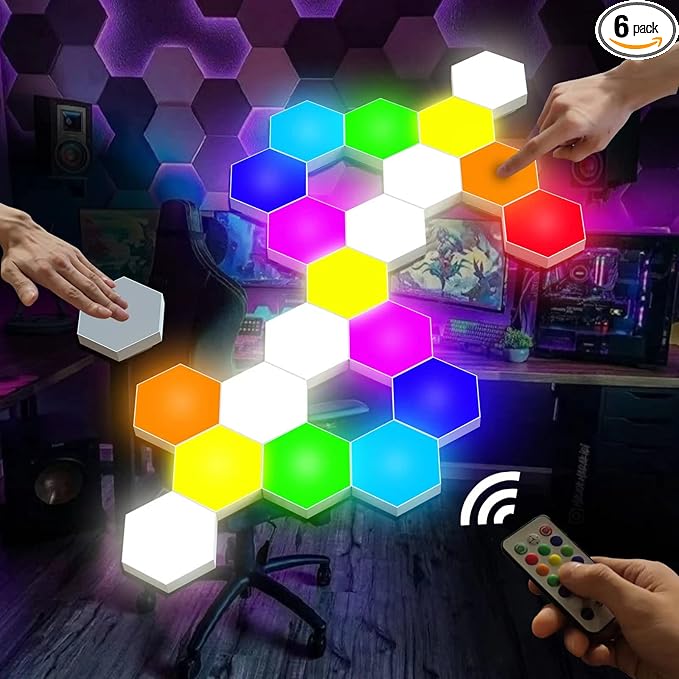 Vcwtty Hexagon Lights, Smart LED Wall Lights with Remote, 13 Colors Touch-Sensitive DIY Modular Assembled RGB Wall Panels, Hex Light with USB-Power for Autism, Game Room Decor, Party (6-Pack)