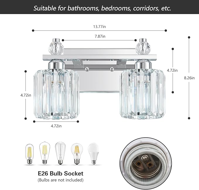 FDPBY Bathroom Vanity Lights 2-Light Chrome Modern Crystal Vanity Light Fixtures Over Mirror Crystal Bathroom Vanity Lighting Fixtures
