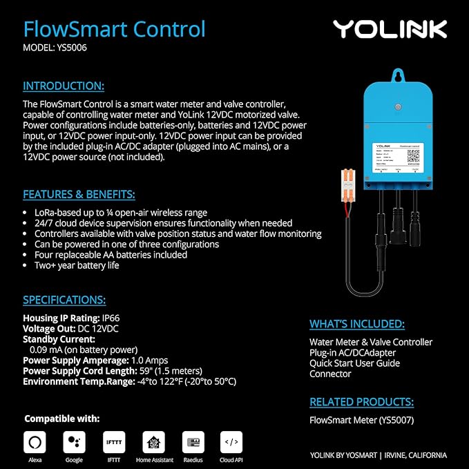 NSF Certified Pulse Meter + Shutoff Valve Kit, 1", FlowSmart Controller YS5006 Reads Meter Pulses, Real-Time Usage & Leak Detection, Auto Shutoff (D2D Offline), LoRa Long Range, Hub Included