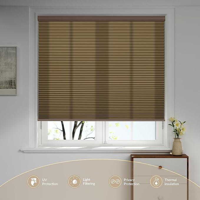 Boolegon Motorized Blinds with Remote, Light Filtering Smart Blinds, Automatic Cellular Shades for Windows, Rechargeable Electric Honeycomb Shades for Home,Light Filtering Dark Brown,Custom Size