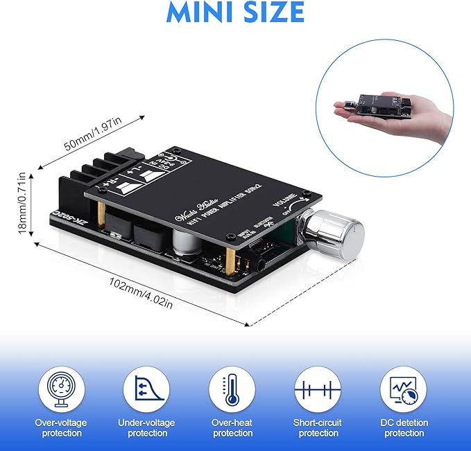 Audio Amplifier Board, ZK-502C Mini Bluetooth Amp Receiver 2.0 Channel 50W x 2, DC 9-24V Stereo Power Amplifier with Bluetooth and AUX Inputs for Home Speakers