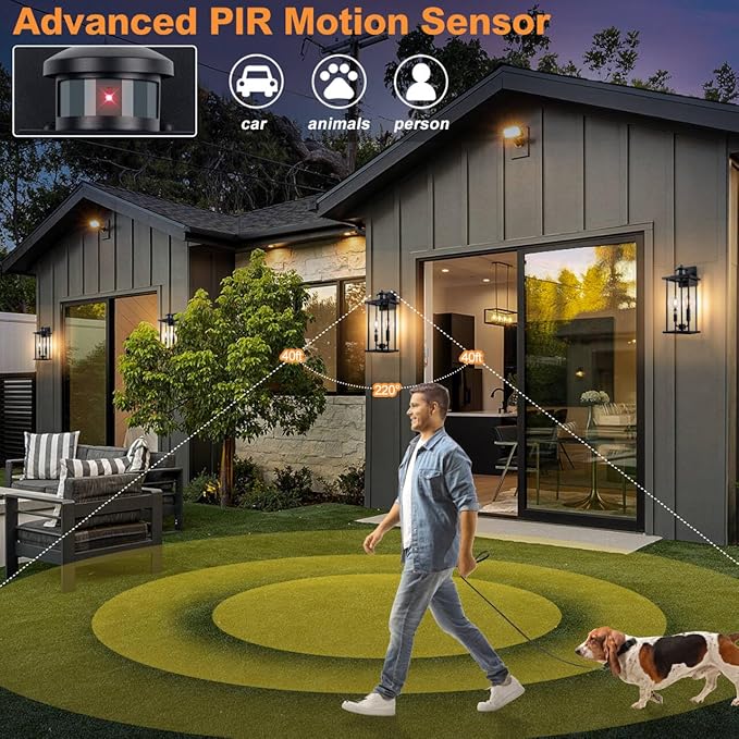 SIAFAVOI Large Motion Sensor Outdoor Sconce 2-Pack, 16" Black Dusk to Dawn Wall Light, Outdoor Wall Mount Fixtures, 2-Light Exterior Waterproof Wall Lights, Doorway, House Front Door, Patio, Garage
