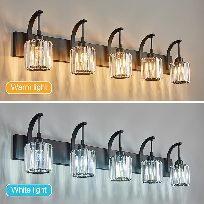 FDPBY 5-Light Crystal Vanity Light, Modern Black Bathroom Wall Sconce with K9 Crystal Shades, 42.51" Long Over Mirror Lighting for Vanity, Makeup, Hallway, Elegant & Easy Installation