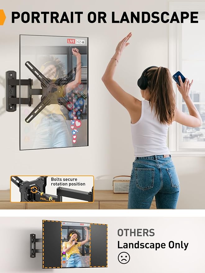 Perlegear Full Motion TV Wall Mount for Most 26–50 Inch TVs, Max VESA 300 x 300mm, TV Monitor Wall Mount Bracket with Rotation, Swivel, Tilt, Extension and Leveling Adjustment, Holds up to 55 lbs
