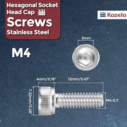Kozelo 100pcs Socket Head Cap Screws - [M4-0.7 x 12mm] 304 Stainless Steel Allen Socket Drive for Electrical Motor 3D Printing Fan Engine Replacement Use, Silver