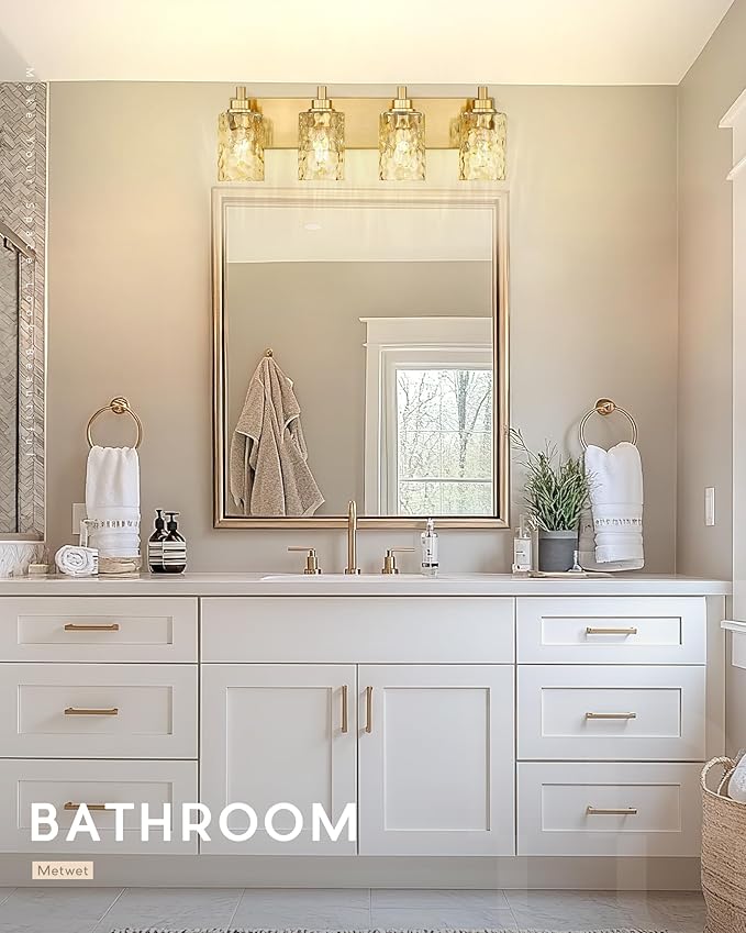 METWET 4-Light Bathroom Light Fixtures, 24.5 Inch Brushed Gold Vanity Lights with Clear Hammered Glass Cylinder Shade, Modern Vanity Lighting Fixture Over Mirror, VL198-BG-4