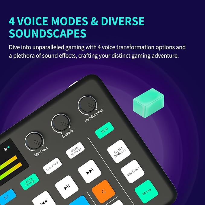 Bonkyo Gaming Audio Mixer & USB Interface with XLR Microphone, Bluetooth 5.0, RGB Effects, 48V Phantom Power, Voice Changer, G1 Sound Card for PS5, TikTok Live Streaming, Podcasting (Black)