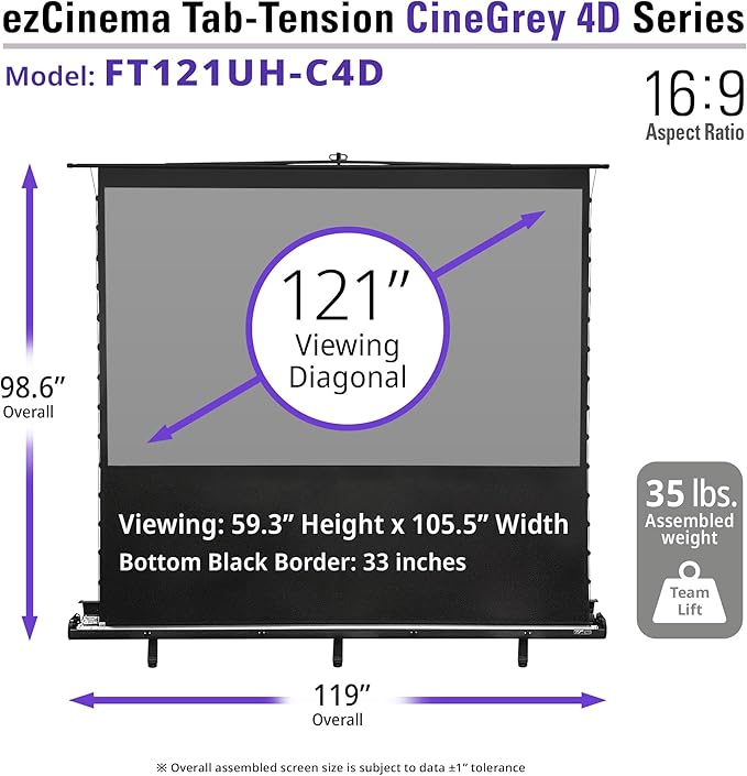 Elite Screens ezCinema Tab-Tension CineGrey 4D, 121-inch 16:9, Manual Floor Pull Up ISF Ceiling Ambient Light Rejecting, Portable Home Office Classroom Projector Screen with Carrying Bag, FT121UH-C4D