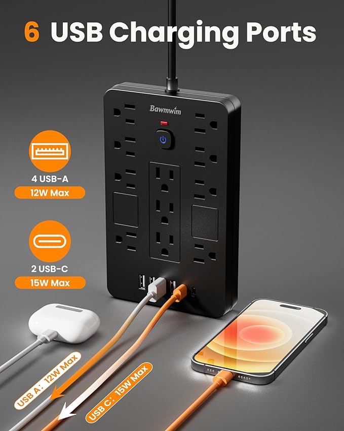 Bawmwim Surge Protector Power Strip - 11 Outlets(1850W/15A) with 6 USB Ports(2 USB C), 6FT Flat Plug Extension Cord, Wall Mount, Black, ETL Listed for Home, Dorm Room