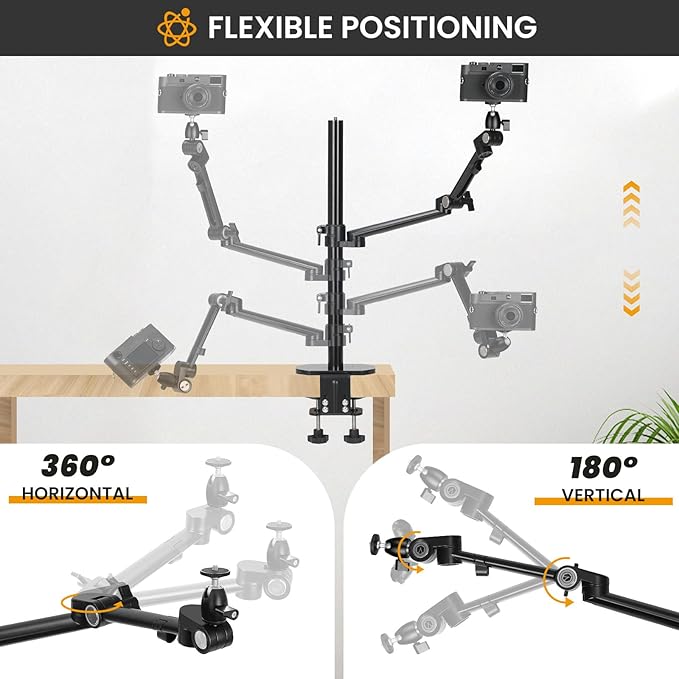 TARION Camera Arm Desk Mount: Heavy Duty DSLR Desktop Mount Camera Stand with Tablet Holder Double C Clamp 1/4 3/8 Screw Adapter Articulating Arm for Selfie Streaming Videography TitanRig Lite Z