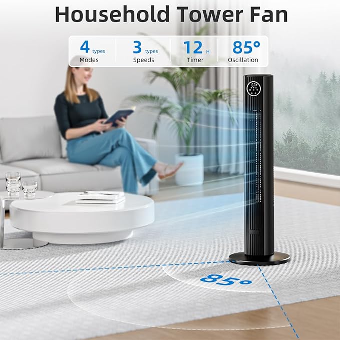 Antarctic Star Tower Fan Portable Floor Fans 85°Oscillating Fan Quiet Cooling 12H Timer Remote Control Standing Bladeless Electric 3 Wind Speeds 4 Modes Bedroom Office,36 inch, Grey