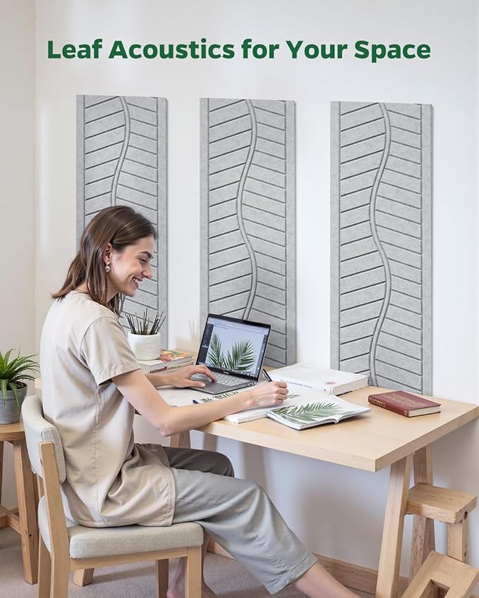Topnaca 6 Pack Acoustic Panels Sound Absorbing for Home Theater Walls, Decorative Gray Self-Adhesive Leaf Textured Art Ceiling Tiles - Acoustical Treatments for Recording Studio Door 17"×12"×0.4"