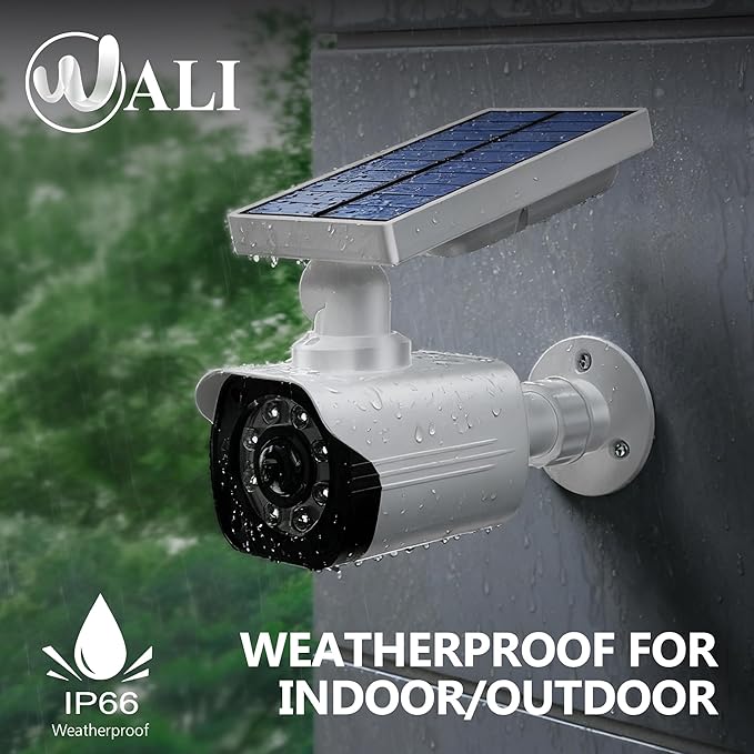 WALI Dummy Fake Camera, Security Camera with Motion Sensor Flood Light, Simulated Surveillance Security CCTV Dome Camera Indoor Outdoor (TCW2-SOL), 2 Packs, White-Solar