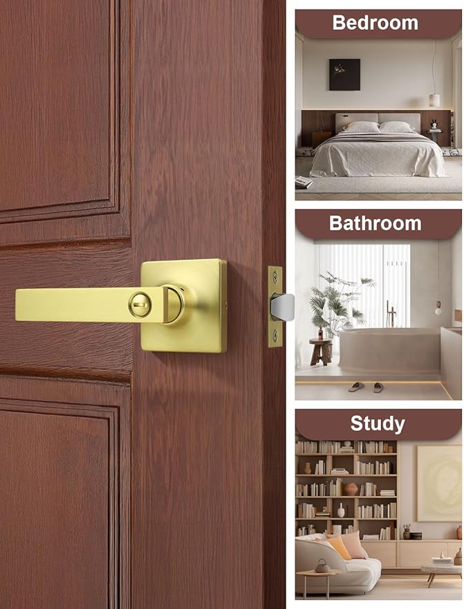 Mengico 8 Pack Gold Privacy Lever Door Handle Interior with Lock, Heavy Duty Square Door Lock for Bed/Bath, Keyless Door Locksets, Reversible for Left Right Handed Doors