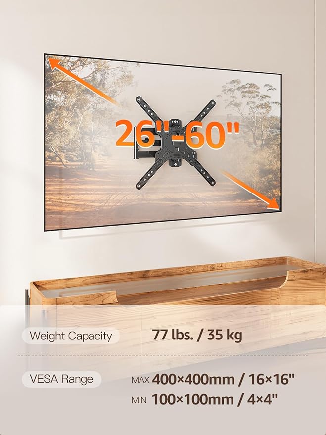 ELIVED TV Wall Mount for Most 26-60 Inch TVs, Swivel and Tilt Full Motion TV Mount with Single Stud Perfect Center Design, Wall Mount Bracket Max VESA 400x400mm, Corner Mount Holds up to 77 lbs.
