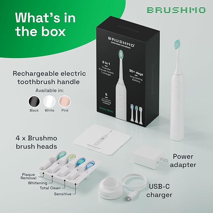 Brushmo Super Sonic Electric Toothbrush with 4 Replacement Heads - Rechargeable Electronic Tooth Brush for Adults with 5 Customizable Modes - IPX7 Waterproof & Long-Lasting Battery - White