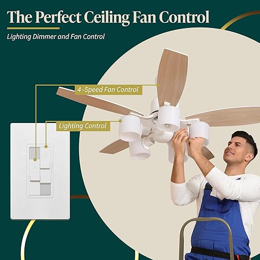 TOPGREENER Combo Dimmer Switch with 3-Speed Fan Control, Light and Fan Combination Switch, Single Pole, 200W LED/CFL, Neutral Wire Not Required, Wall Plate Included, TGDSFS3-W-2PCS, White, 2 Pack