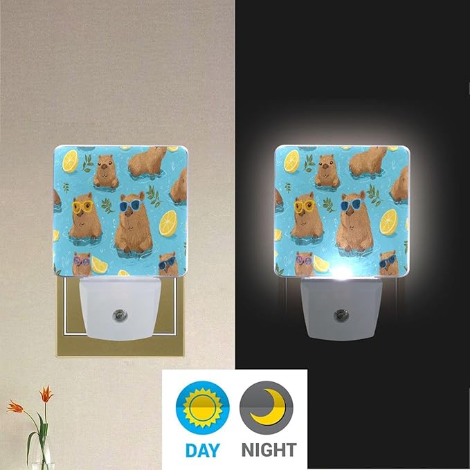 Pigsaly Led Night Light Cute Capybara Lemon Night Light Plug in Wall Lamp Smart Dusk to Dawn Sensor Nightlight Led Lamp Energy Saving Lights Gift for Kids Room Bedroom Bathroom Hallway