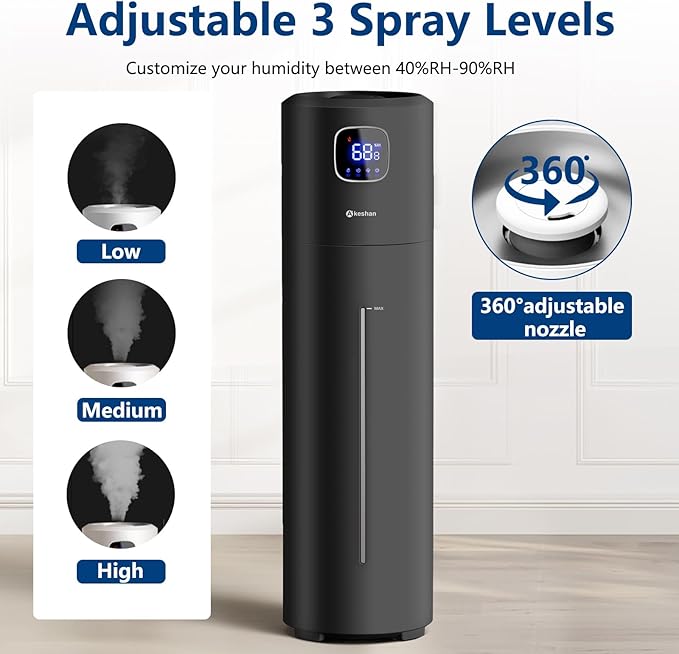 Akeshan Large Humidifiers for Bedroom, 9L/2.5Gal Ultrasonic Cool Mist, Top Fill Easy Clean with 350ML/H Mist Speed, Quiet, Suitable for Kids Room Plant Yoga Office Study Room Living (Black, Round)
