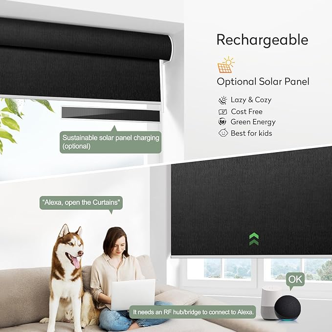 Zshine Motorized Blackout Window Blinds Customize Width (23-95 Inches) Remote Control Wireless and Rechargeable Roller Shades Blinds for Windows, Home, Office, Hotel, Club, Restaurant(82164F)