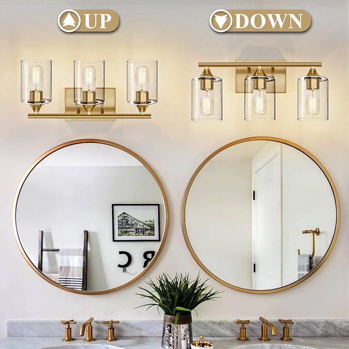 XPEHK Gold Bathroom Light Fixtures,3-Light Vanity Lights,Modern Brushed Brass Gold Wall Sconce Lighting,Bathroom Wall Lamp for Mirror Bedroom Living Room Vanity Table Hallway