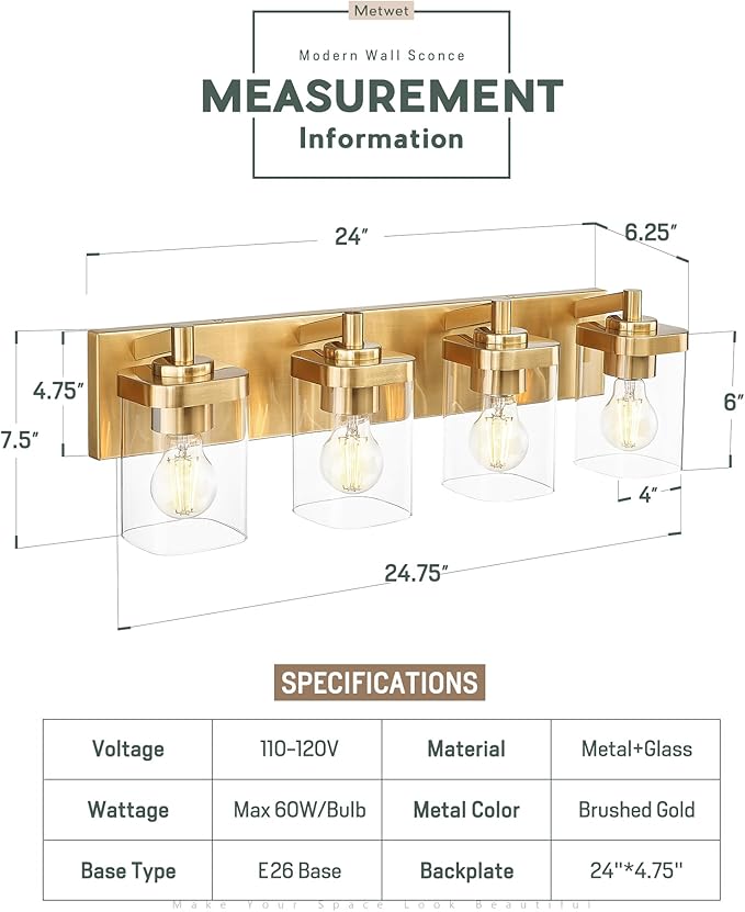 METWET Bathroom Light Fixtures, 25" Brushed Gold Vanity Light, 4-Light Modern Wall Sconces with Square Clear Glass Shade, Vanity Lighting Fixtures Over Mirror, VL194-BG-4