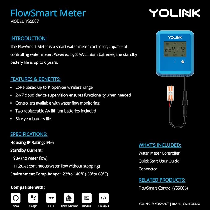YoLink FlowSmart NSF Water Meter, Smart Water Usage Monitor and Water Leak Detection: 2 Inch Advanced Smart Home Water Meter, Hub Included