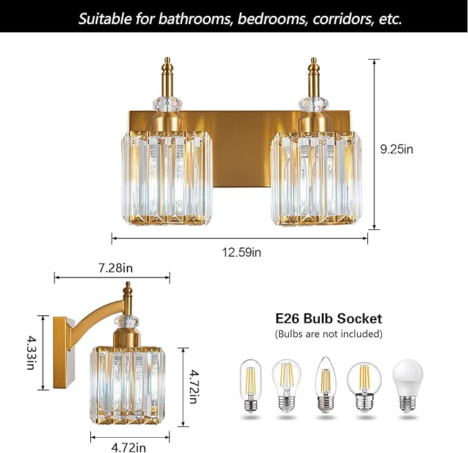 BBLLWJ Modern Bathroom Vanity Light 2-Light Gold Crystal Light Fixtures Over Mirror for Bathroom Wall Sconce