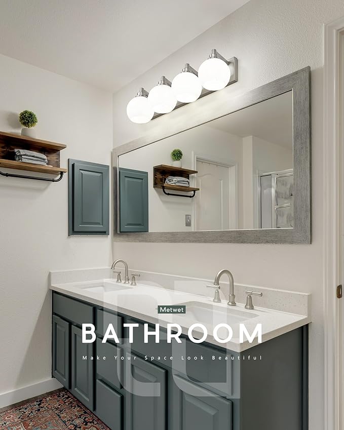 METWET Bathroom Light Fixtures, 4 Light Brushed Nickel Vanity Light, 26 Inch Modern Wall Sconces with Globe Milk White Glass Shade, Vanity Lighting Fixtures Over Mirror, VL195-BN-ML-4