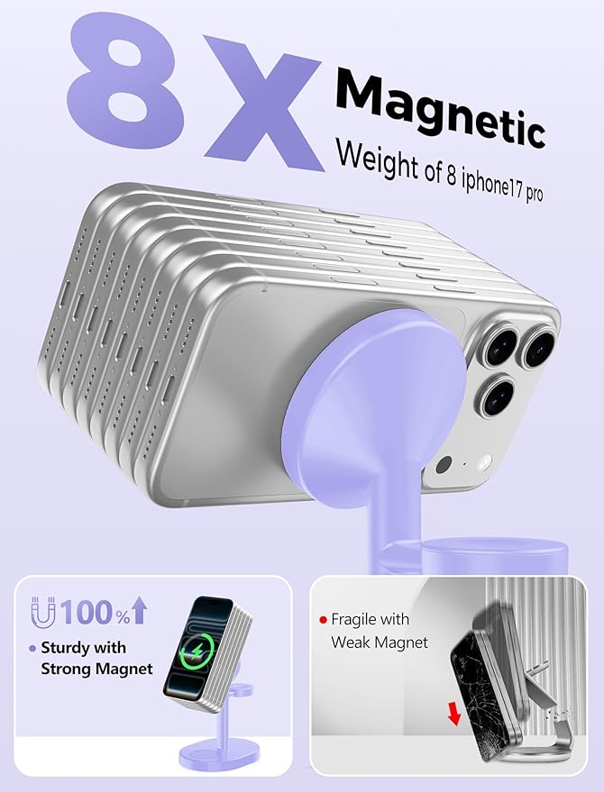 Hevanto 2025 3 in 1 Wireless Charging Station for Apple MagSafe Charger, 15W Fast Magnetic Mag-Safe Charger Stand for iPhone 17 16 15 14 13 12 Apple Watch AirPods Compatible with MagSafe, Purple