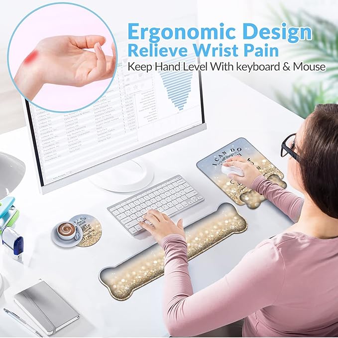 Keyboard Wrist Rest + Mouse Pad Wrist Support Set with Coasters, Non-Slip PU Base Ergonomic Mousepad for Home Office Working Studying Easy Typing & Pain Relief, Bible Verse Phil 4:13