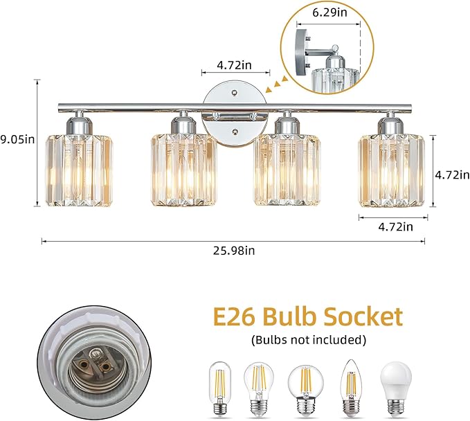 FDPBY Modern 4 Light Crystal Vanity Light, Chrome Vertical Bathroom Light Fixture Over Mirror for Dressing Table Sink, Compatible with Dimmable Bulbs (Bulbs Not Included)