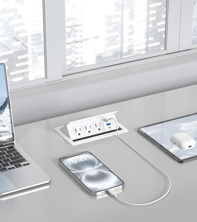 Recessed Conference Table Power Hub with 20W USB-C PD Fast Charging, Flush Mounted for Desks, Kitchens & RVs, 6FT Power Cord (White)