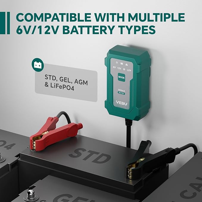 VEBU Motorcycle Trickle Charger 800mA Smart Battery Charger & Maintainer - Automatic for 6V/12V Lead Acid/Lithium Batteries, Plug & Play for Car Motorcycle Boat RV