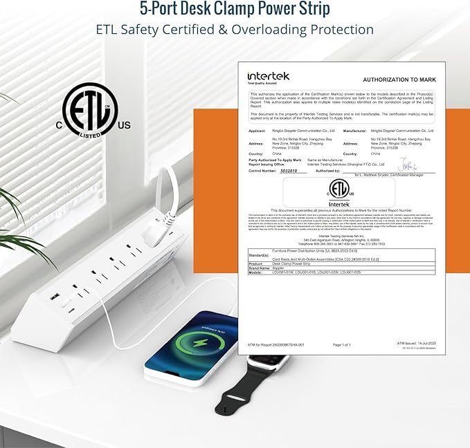 Tecmojo Desk Clamp Power Strip 5 Outlet with 2 USB A and 4 USB C Ports, 6 ft Cord, Desk Outlet Station Fit 1.6" Tabletop Edge,Over Loading Protection,ETL Listed,White
