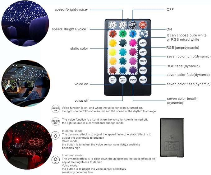 AZIMOM Car Use Bluetooth 6W RGBW LED Fiber Optic Lights Star Ceiling Light Kit APP Remote Controller 450pcs 0.03in 6.5ft Optic Cable Music Mode Sensory Lighting Indoor Home Interior Decoration
