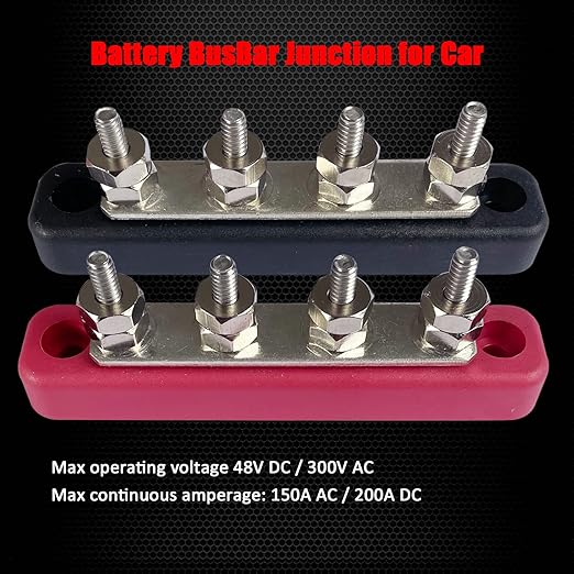 4 x #10 (M5) Studs Bus Bar, Ampper 4.2" Power/Ground Distribution Block Brass Battery BusBar Junction with Cover for Auto Boat Amplifier and More (Red & Black)