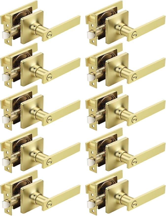 Mengico 10 Pack Gold Privacy Lever Door Handle Interior with Lock, Heavy Duty Square Door Lock for Bed/Bath, Keyless Door Locksets, Reversible for Left Right Handed Doors
