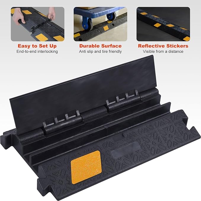 OranLite 6 Pack 2-Channel Rubber Cable Protector Ramp, 17" x 10" x 1.8" inch Interlocking Floor Wire Cord Cable Cover, Visible at Night, Durable Rubber Speed Bump Hump Ramp (2-Channel 6 Pack)