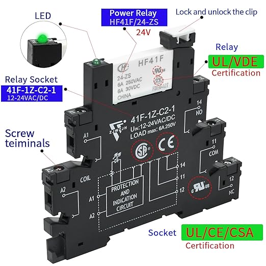3Pcs Electromechanical Relay Black Miniature Power Relay 24VDC and 24VAC HF41F/24-ZS 6Amp SPDT with LED Light, DIN Rail, Ultra Small and Thin Socket