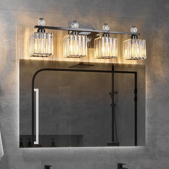 FDPBY Vanity Lights 4-Light Modern Crystal Vanity Light Plating Black Bathroom Light Fixtures Over Mirror Crystal Bathroom Vanity Lighting Fixtures