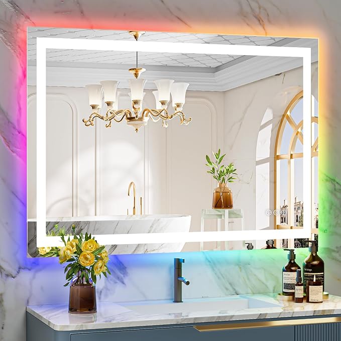 YEELAIT 44x32 Inch RGB LED Bathroom Mirror Front Light and RGB Backlit Lighted Vanity Mirror for Bathroom Wall Mounted Dimmable Anti Fog Memory Shatter-Proof IP54 Waterproof Horizontal/Vertical