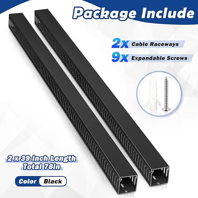 ZhiYo 2x2in Cable Raceway, 6.6ft (2xL3.3ft) Server Rack Cable Management Under Desk Cord Organizer, Electrical Safe PVC Cable Channel Open Slot Wire Raceway for Network/PC/TVs, Wire Duct Black